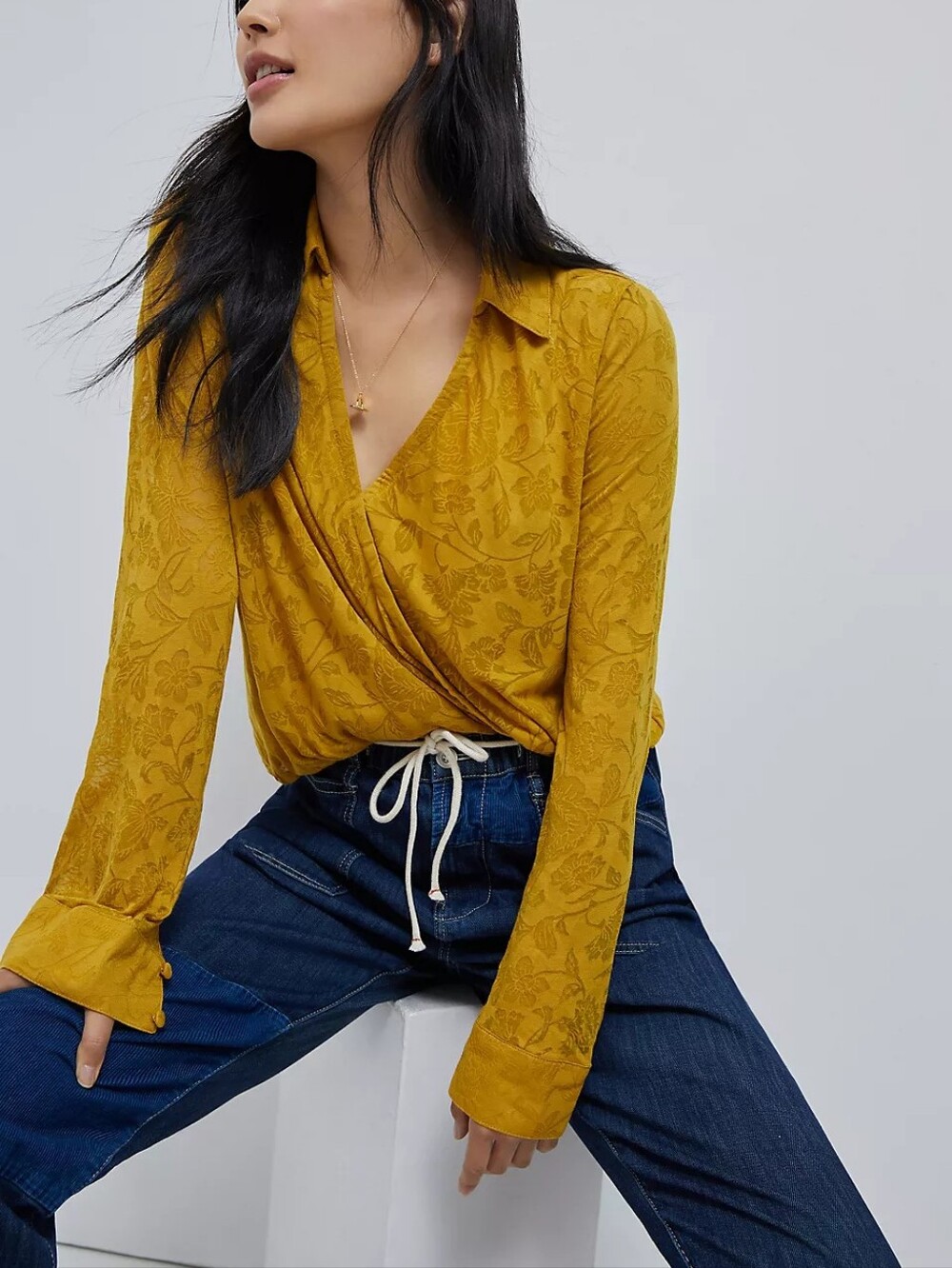 Maeve by Anthropologie Lydia Floral Burnout Top Black Long Sleeve Wrap Top